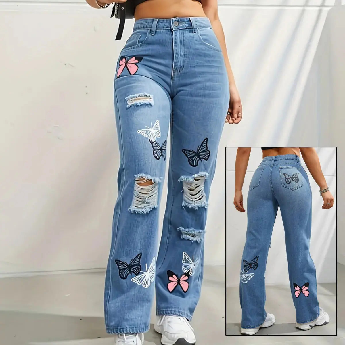 High Waist Distressed Jeans | Flairé™ Butterfly Print Denim