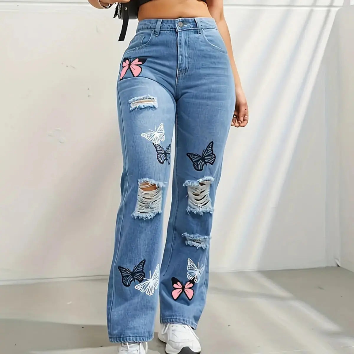 High Waist Distressed Jeans | Flairé™ Butterfly Print Denim