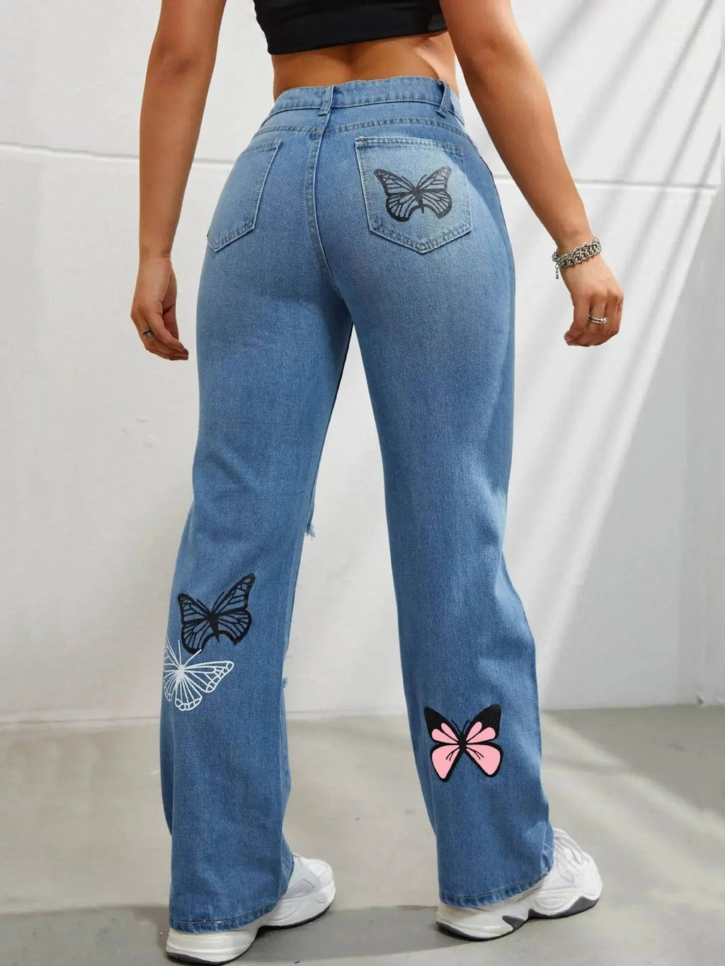 High Waist Distressed Jeans | Flairé™ Butterfly Print Denim